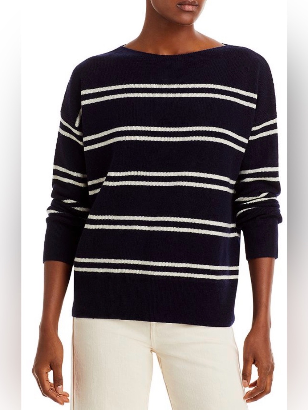 VINCE Navy and White Striped Boatneck Sweater